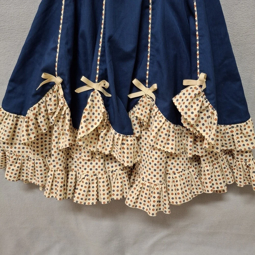 Handmade Girl Dress Size 16 Navy Floral   Short Puff Sleeve Ruffled Bows Country